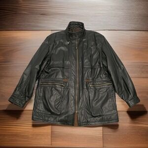 Vtg Members Only Mid Length Trench Full Zip Lined Black Leather Jacket XLT Rare